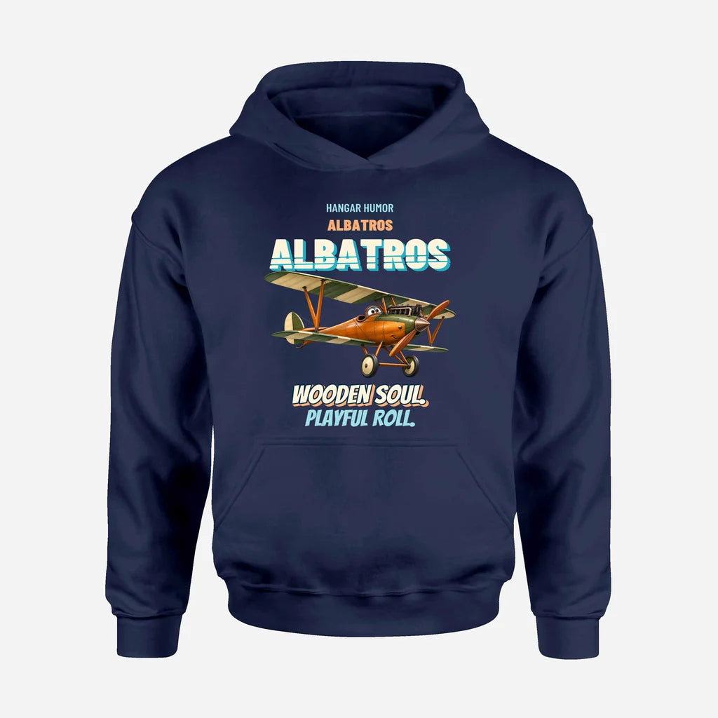 Albatros D.Va - Wooden soul. Playful roll. design on navy blue hoodie single side