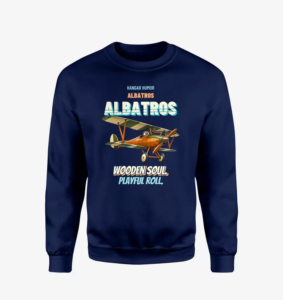 Albatros D.Va - Wooden soul. Playful roll. design on navy blue sweatshirt