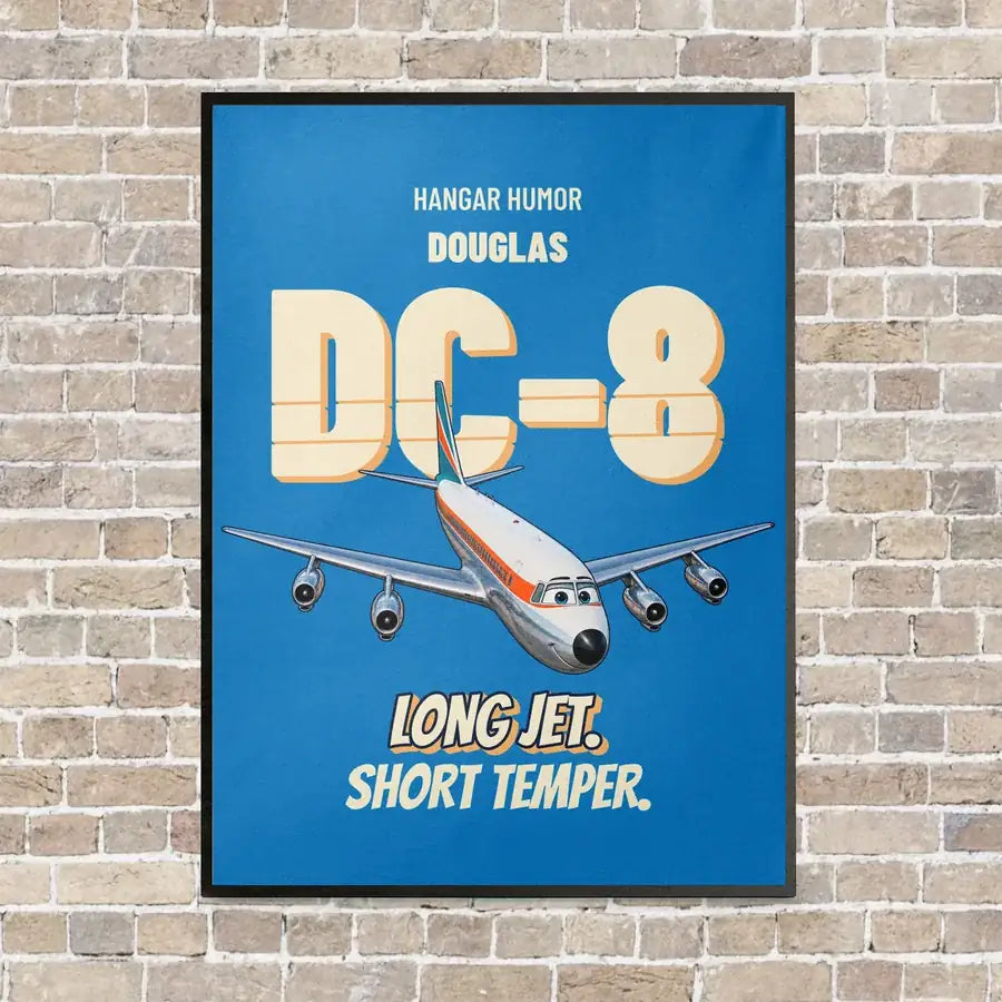 Douglas DC-8-63 - Long jet. Short temper. vertical canvas print - framed - turquoise background
