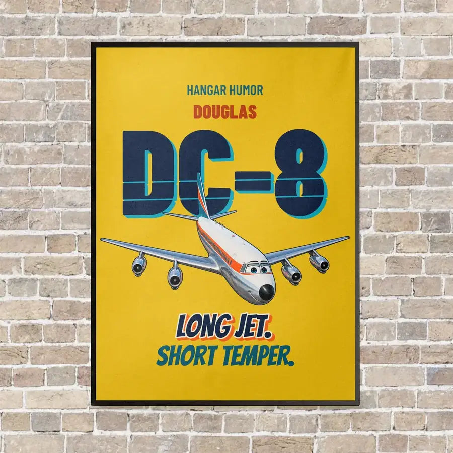 Douglas DC-8-63 - Long jet. Short temper. vertical canvas print - framed - yellow background