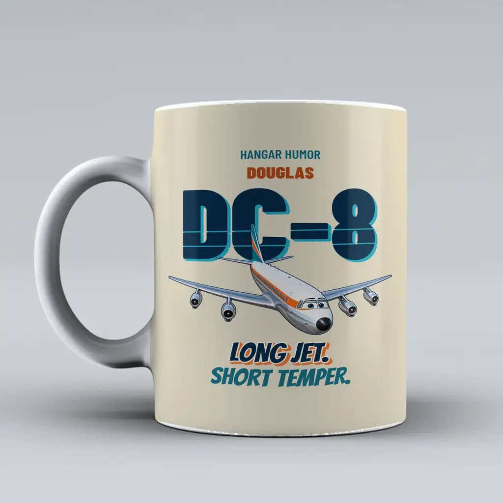Douglas DC-8-63 - Long jet. Short temper. design on beige ceramic mug