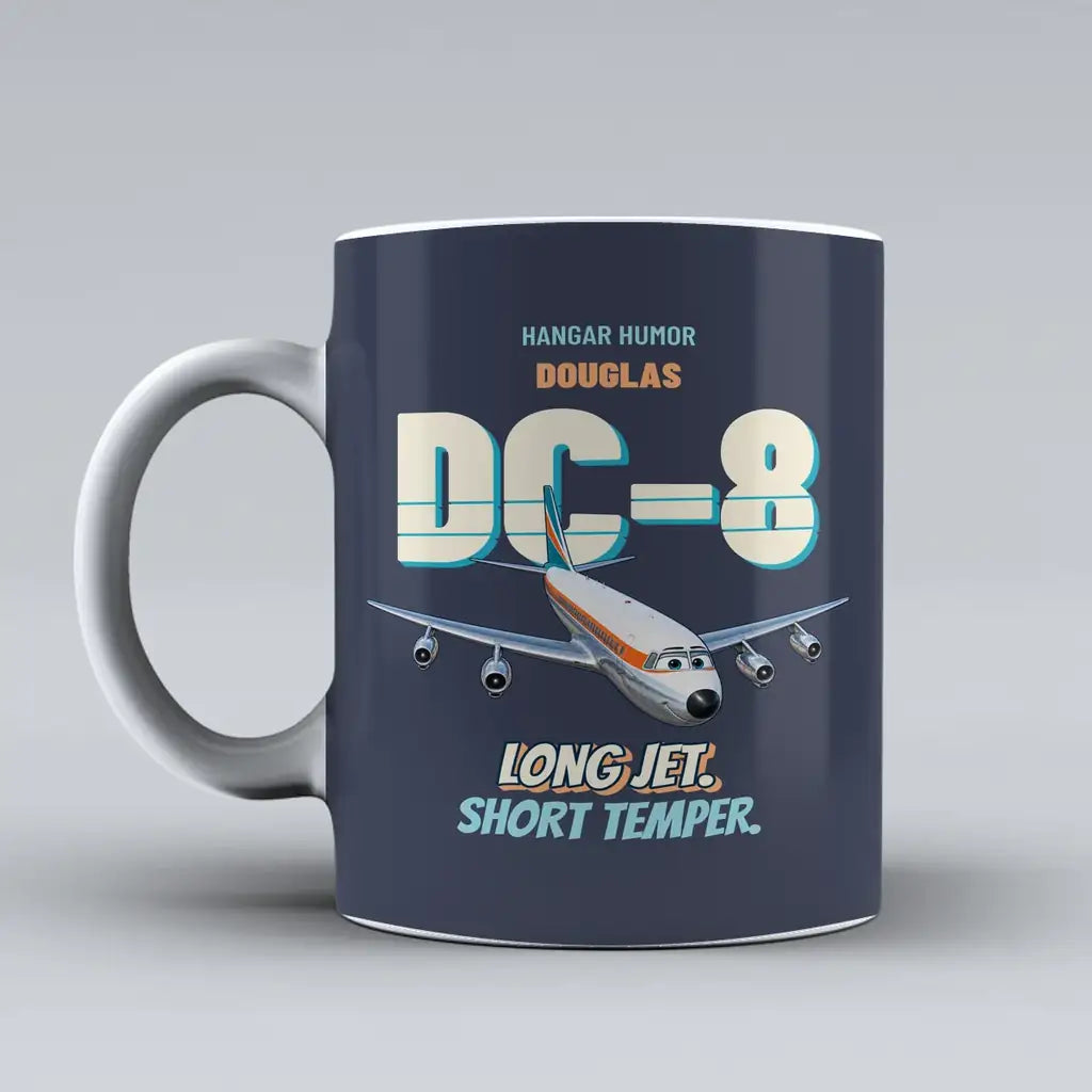 Douglas DC-8-63 - Long jet. Short temper. design on dark blue ceramic mug