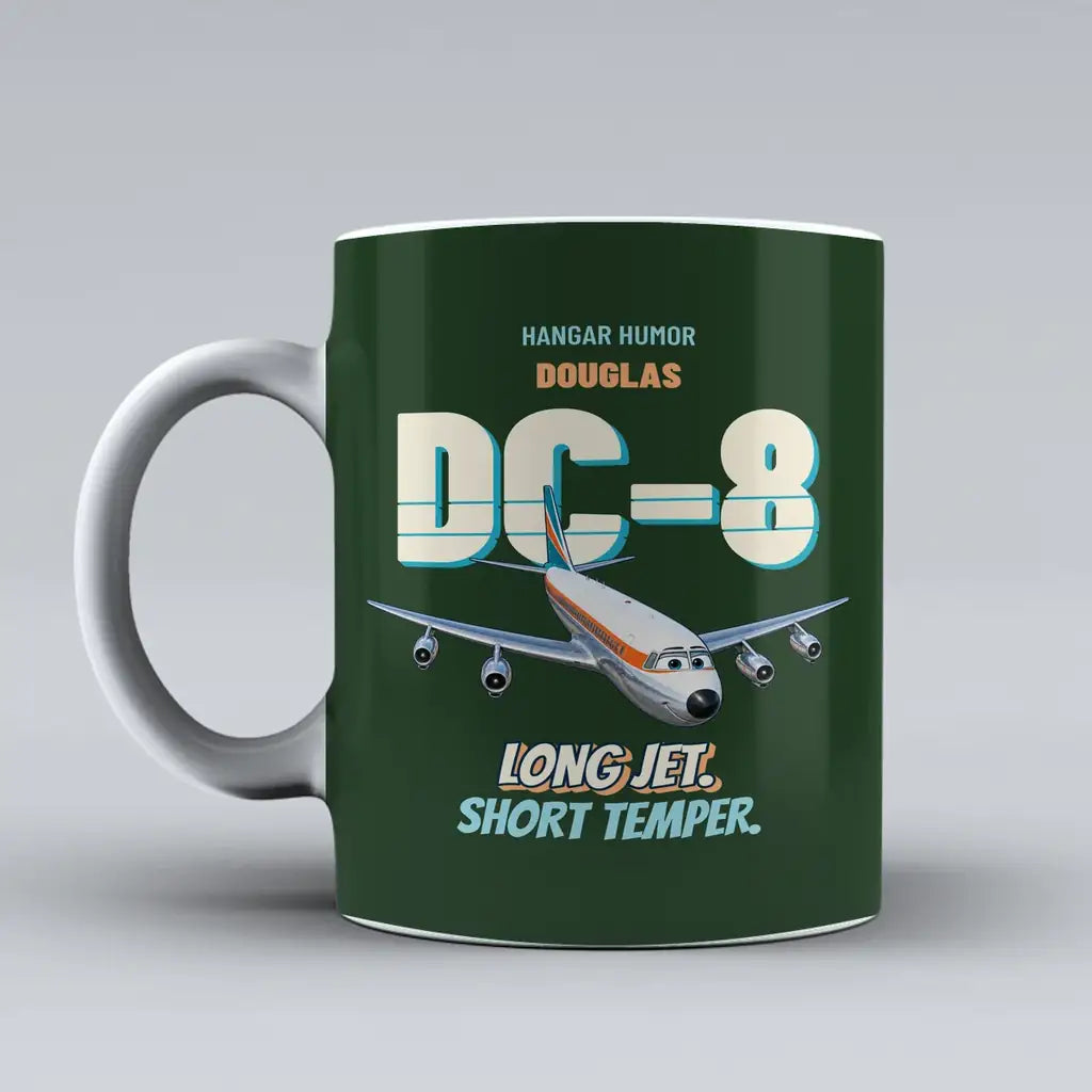 Douglas DC-8-63 - Long jet. Short temper. design on dark green ceramic mug