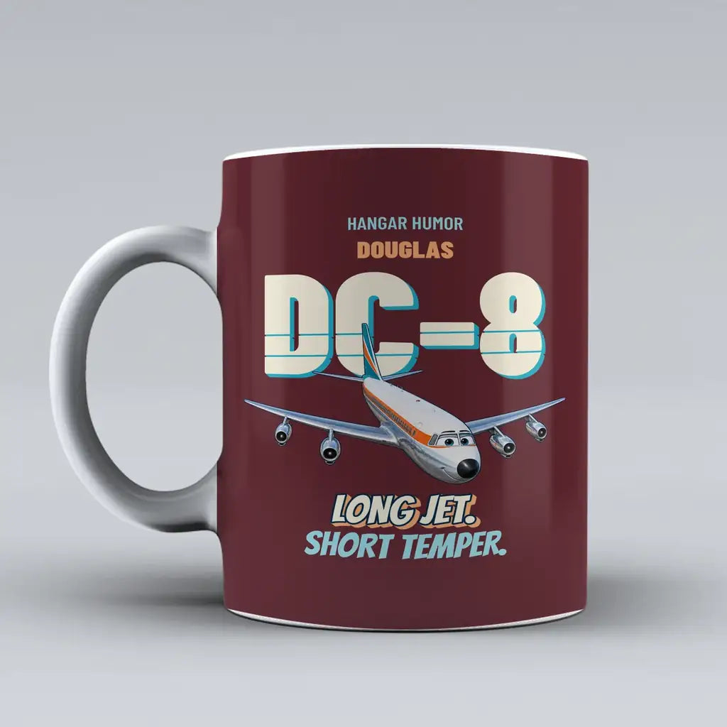 Douglas DC-8-63 - Long jet. Short temper. design on dark red ceramic mug
