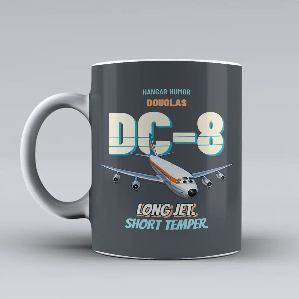 Douglas DC-8-63 - Long jet. Short temper. design on gray ceramic mug