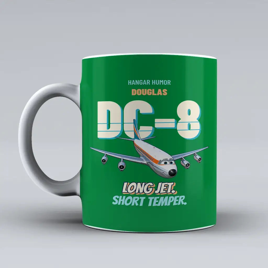Douglas DC-8-63 - Long jet. Short temper. design on green ceramic mug