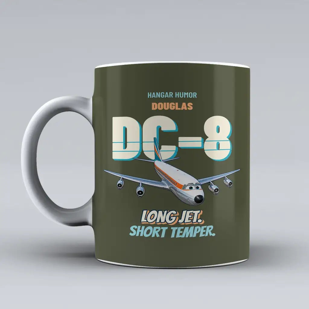 Douglas DC-8-63 - Long jet. Short temper. design on green army ceramic mug