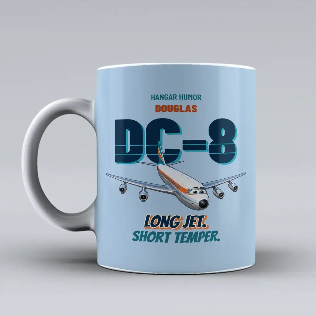 Douglas DC-8-63 - Long jet. Short temper. design on light blue ceramic mug