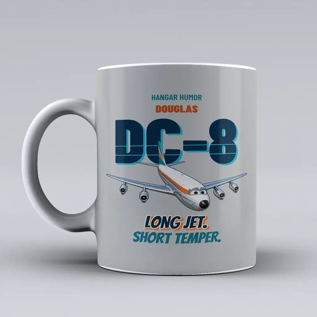 Douglas DC-8-63 - Long jet. Short temper. design on light gray ceramic mug