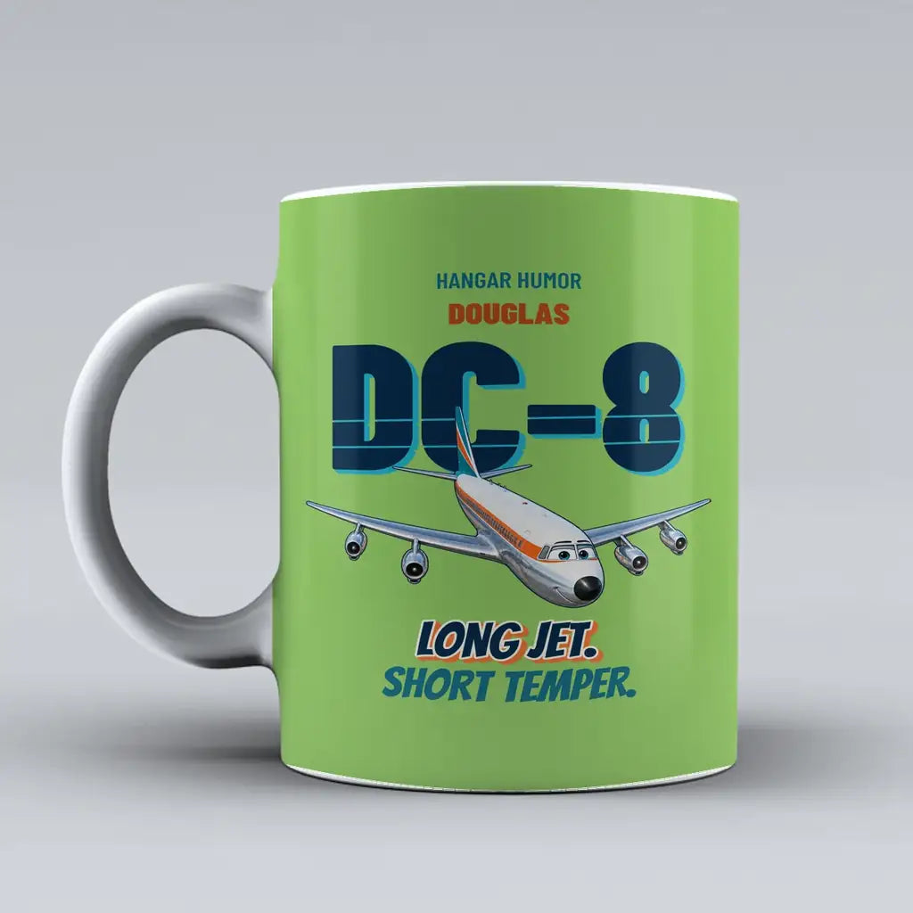 Douglas DC-8-63 - Long jet. Short temper. design on light green ceramic mug
