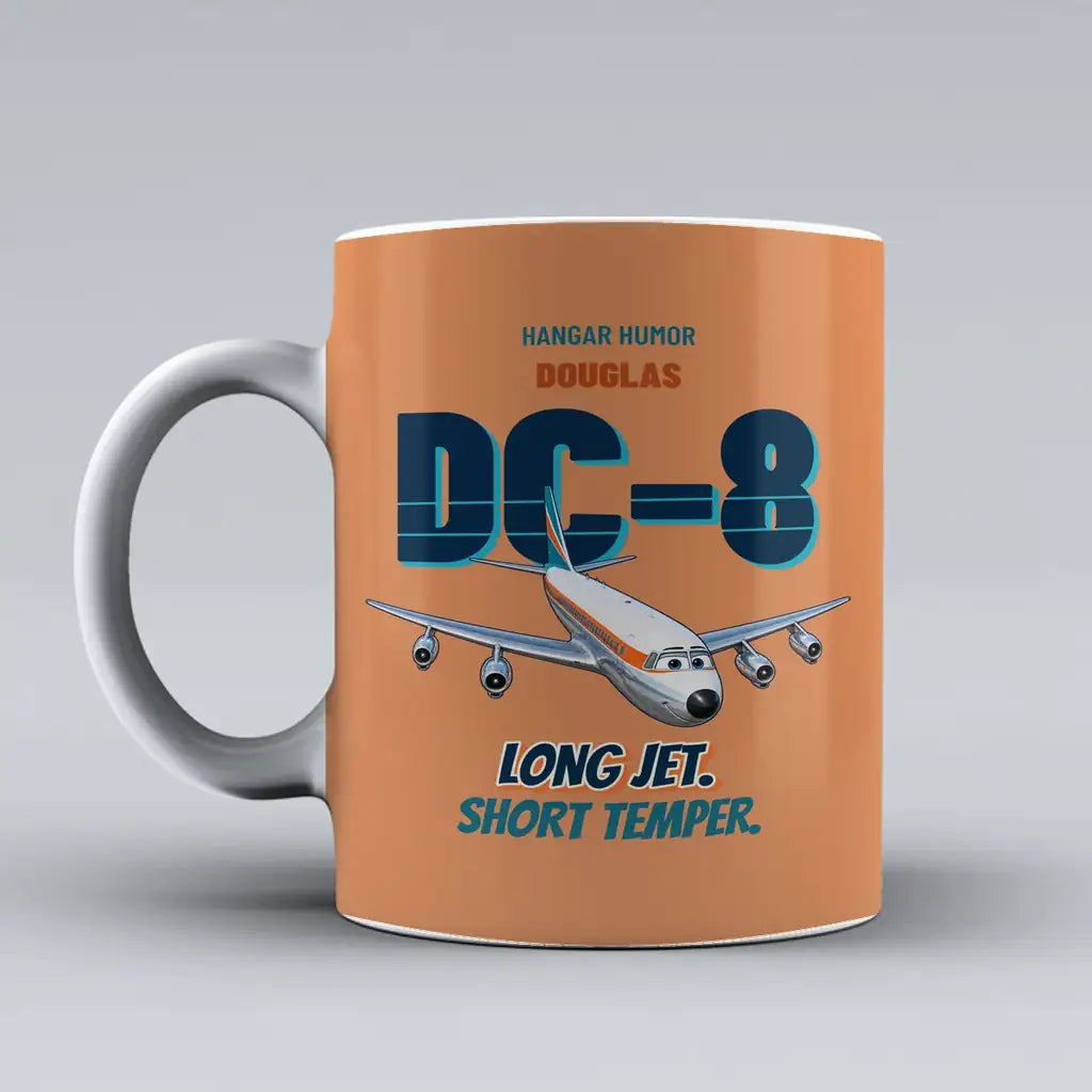Douglas DC-8-63 - Long jet. Short temper. design on orange ceramic mug