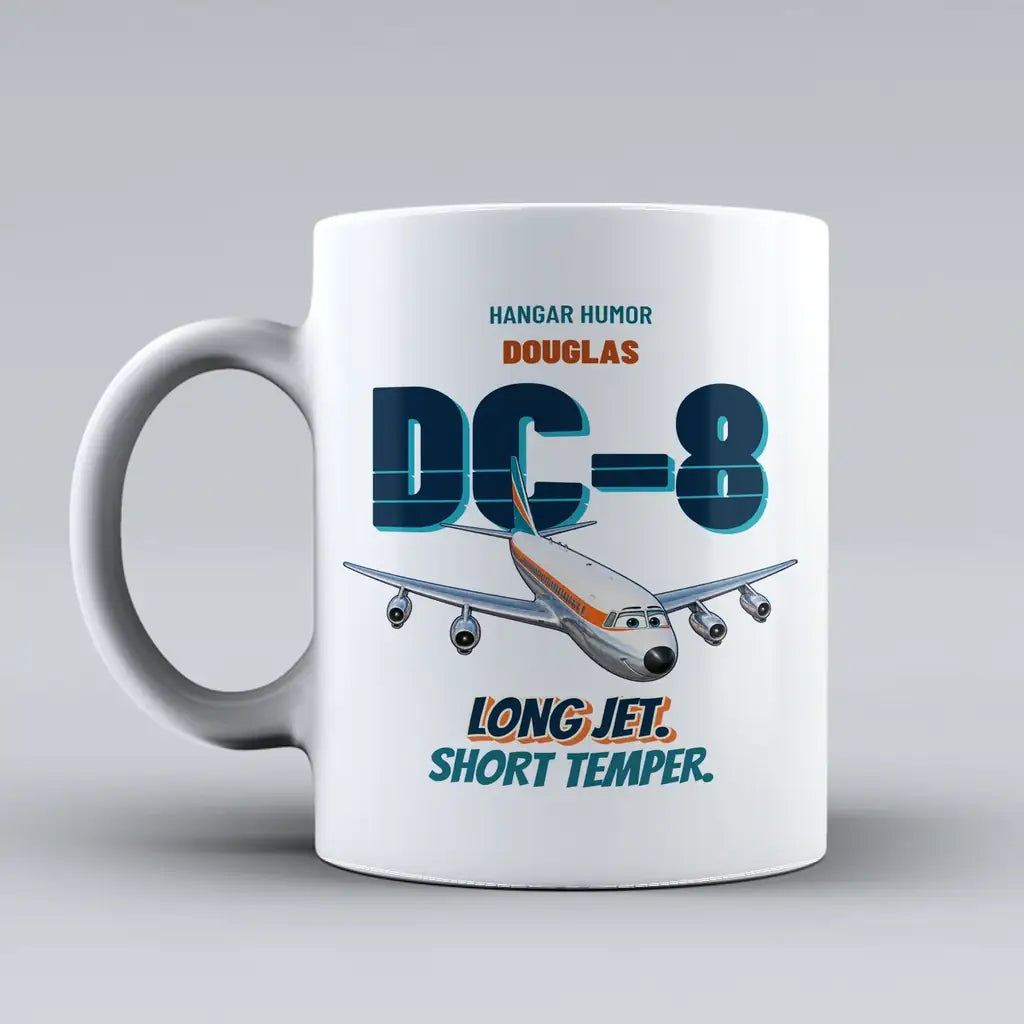 Douglas DC-8-63 - Long jet. Short temper. design on white ceramic mug