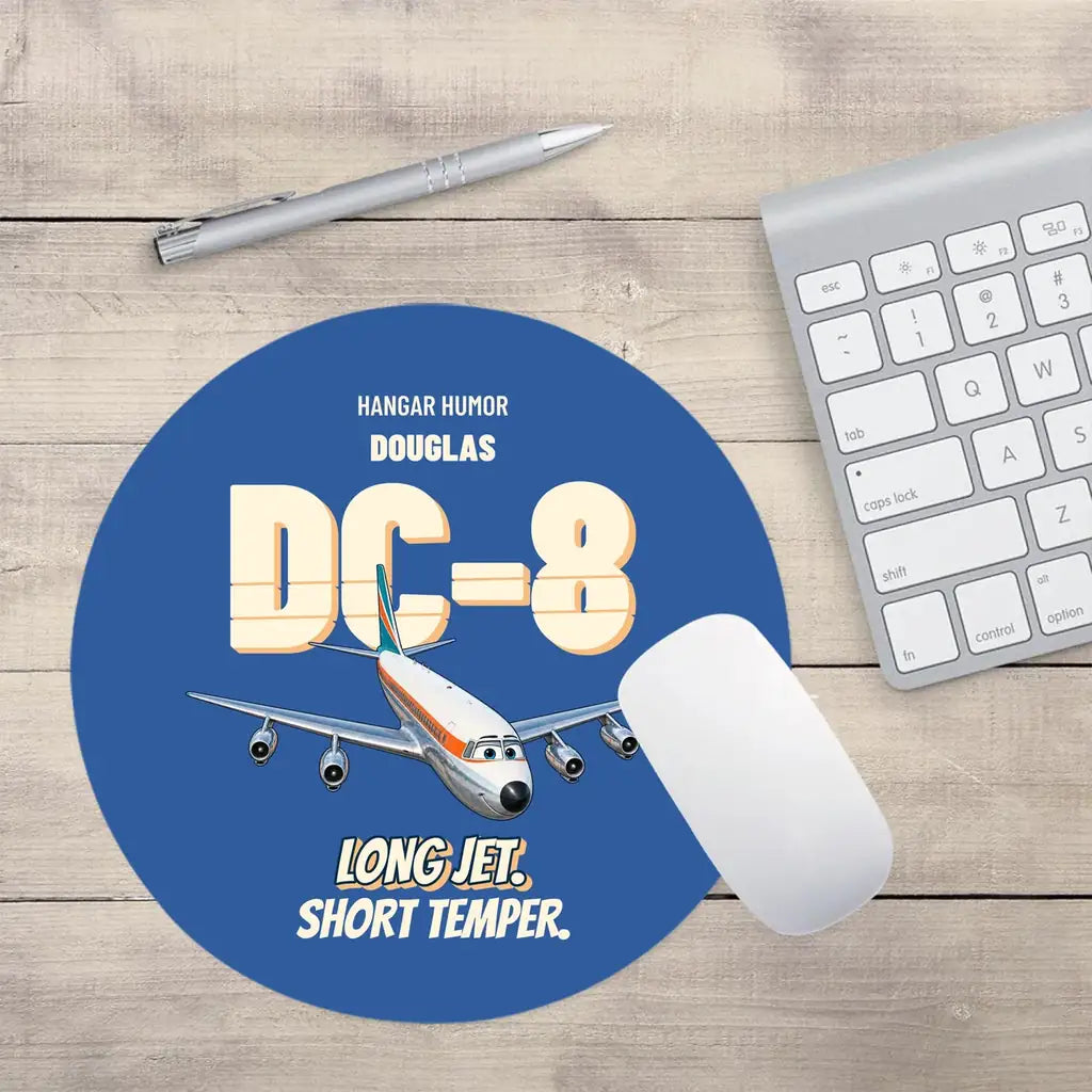Douglas DC-8-63 - Long jet. Short temper. design on blue round mouse pad