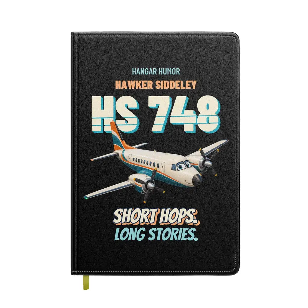 Hawker Siddeley HS 748 - Short hops. Long stories. design on black notebook