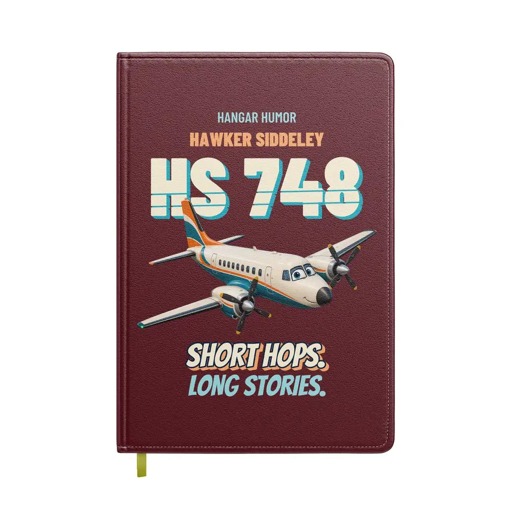 Hawker Siddeley HS 748 - Short hops. Long stories. design on dark red notebook