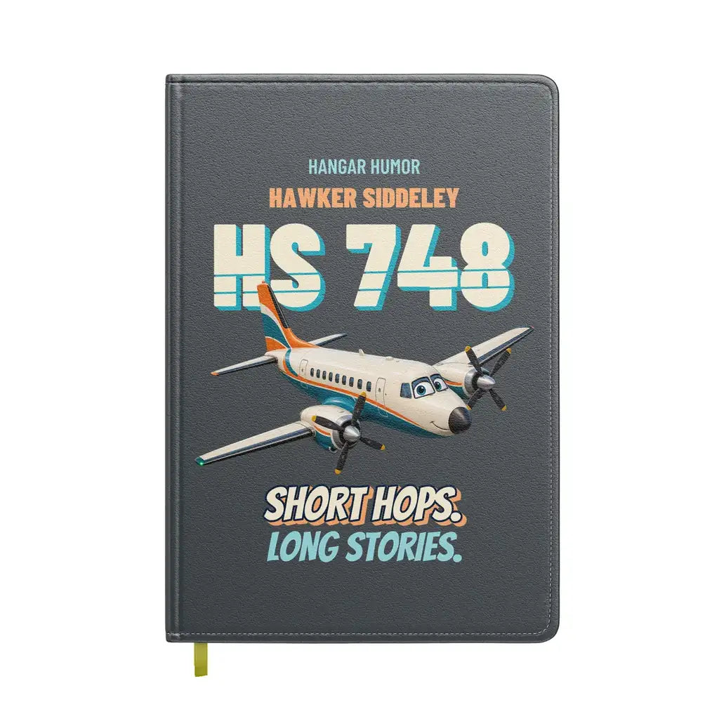 Hawker Siddeley HS 748 - Short hops. Long stories. design on gray notebook