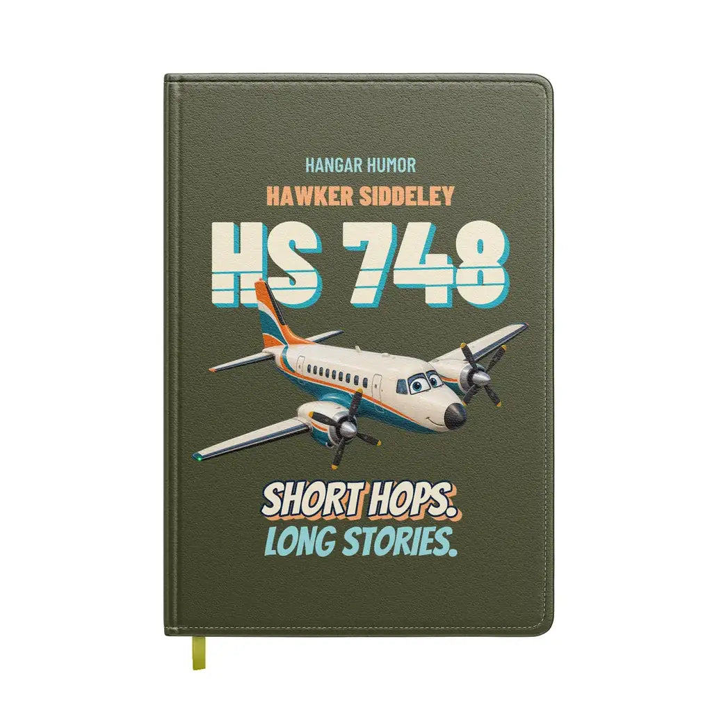 Hawker Siddeley HS 748 - Short hops. Long stories. design on green army notebook
