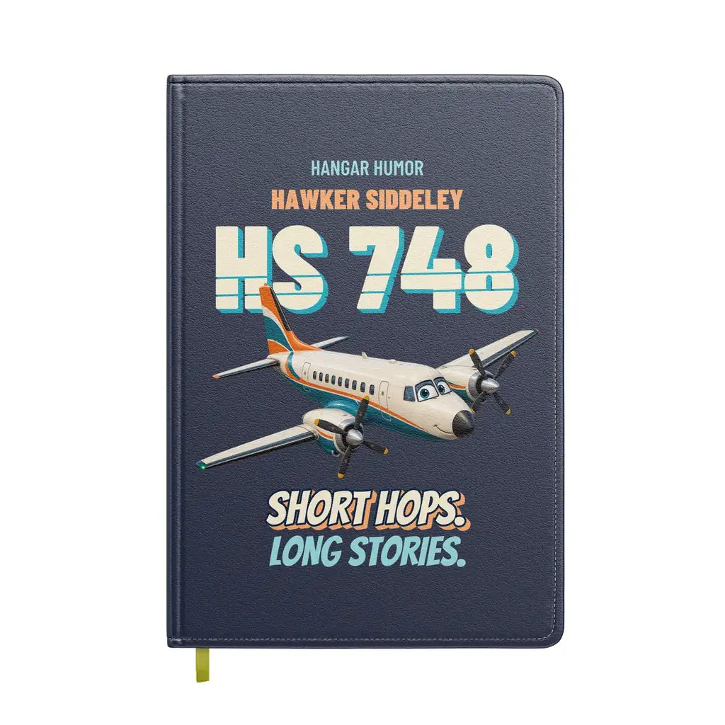 Hawker Siddeley HS 748 - Short hops. Long stories. design on navy blue notebook