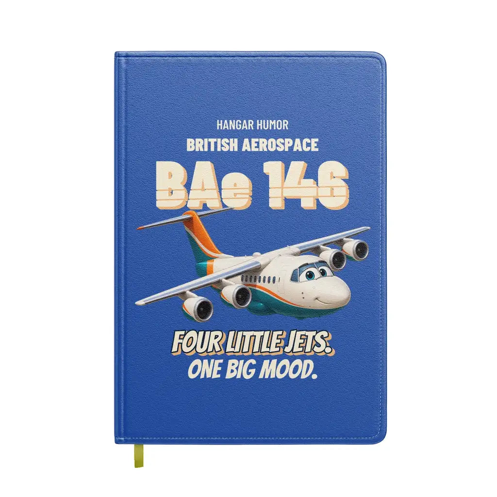 British Aerospace 146-200 - Four little jets. One big mood. design on blue notebook