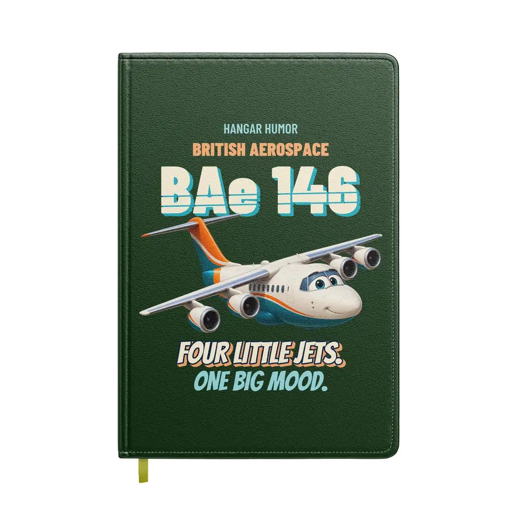 British Aerospace 146-200 - Four little jets. One big mood. design on dark green notebook