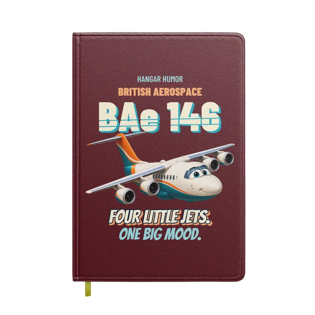 British Aerospace 146-200 - Four little jets. One big mood. design on dark red notebook
