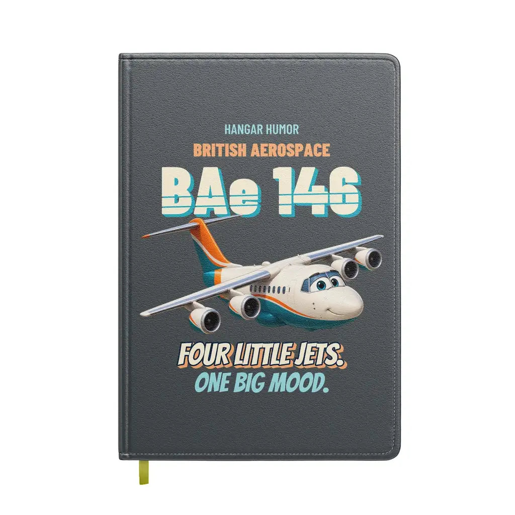 British Aerospace 146-200 - Four little jets. One big mood. design on gray notebook