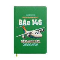 Thumbnail for British Aerospace 146-200 - Four little jets. One big mood. design on green notebook