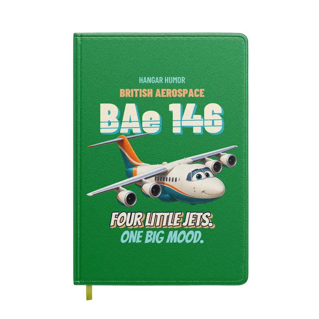 British Aerospace 146-200 - Four little jets. One big mood. design on green notebook