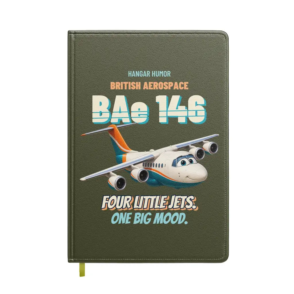 British Aerospace 146-200 - Four little jets. One big mood. design on green army notebook
