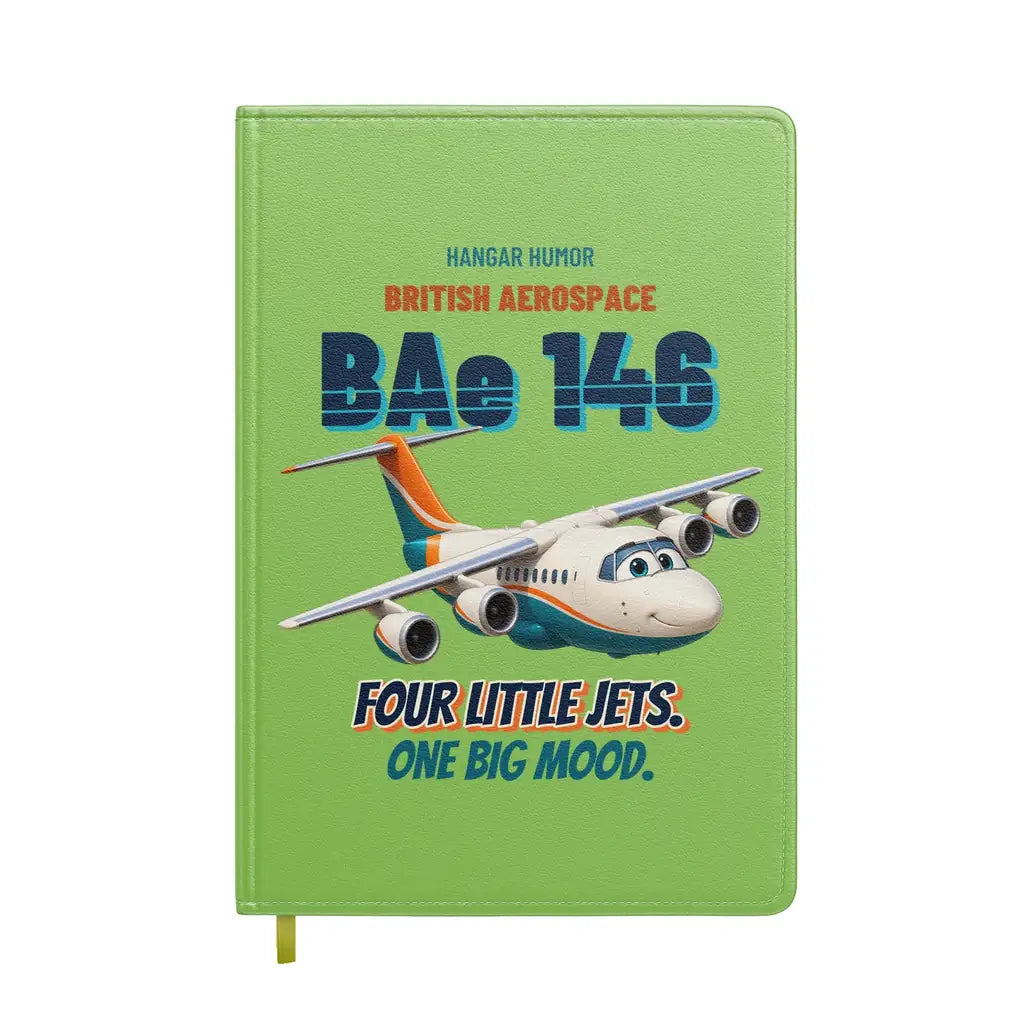 British Aerospace 146-200 - Four little jets. One big mood. design on light green notebook