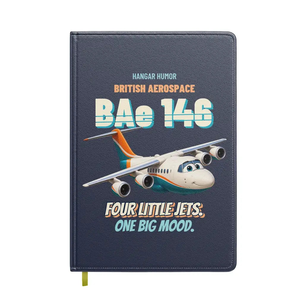 British Aerospace 146-200 - Four little jets. One big mood. design on navy blue notebook