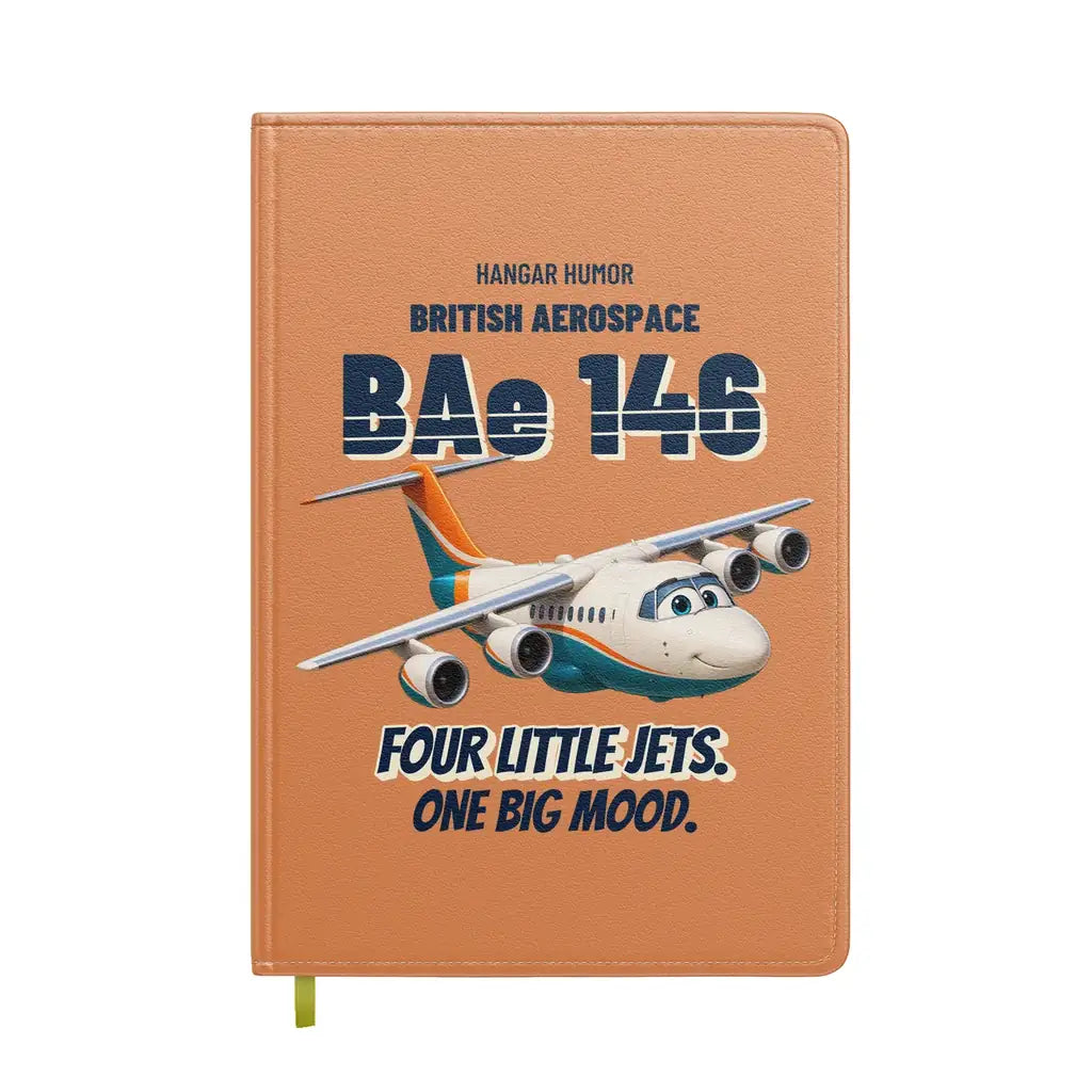 British Aerospace 146-200 - Four little jets. One big mood. design on orange notebook