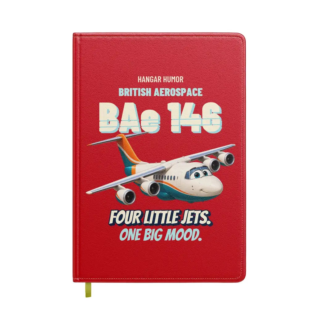 British Aerospace 146-200 - Four little jets. One big mood. design on red notebook