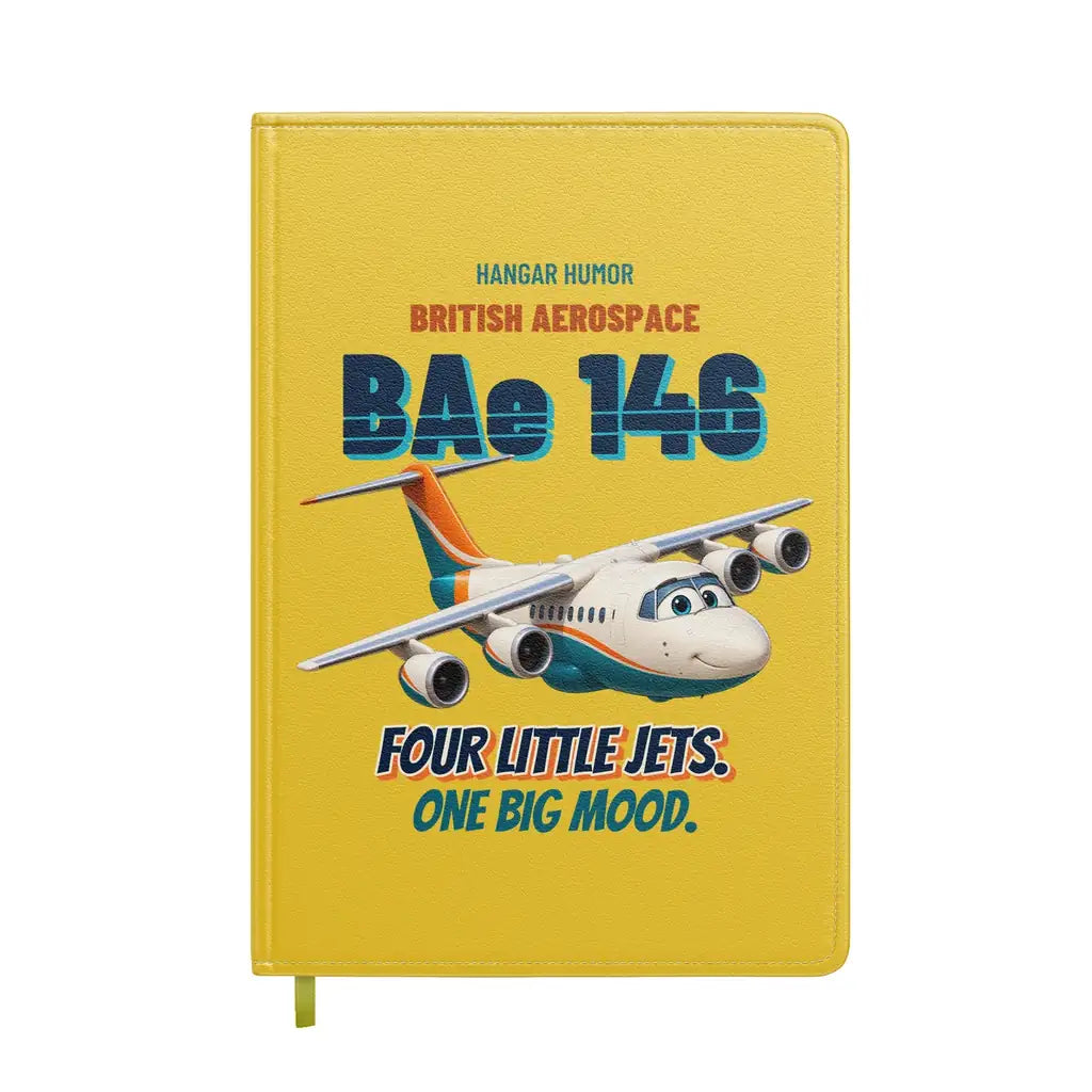 British Aerospace 146-200 - Four little jets. One big mood. design on yellow notebook