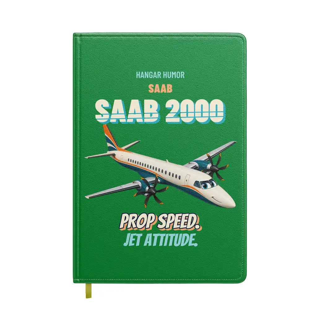 Saab 2000 - Prop speed. Jet attitude. design on green notebook