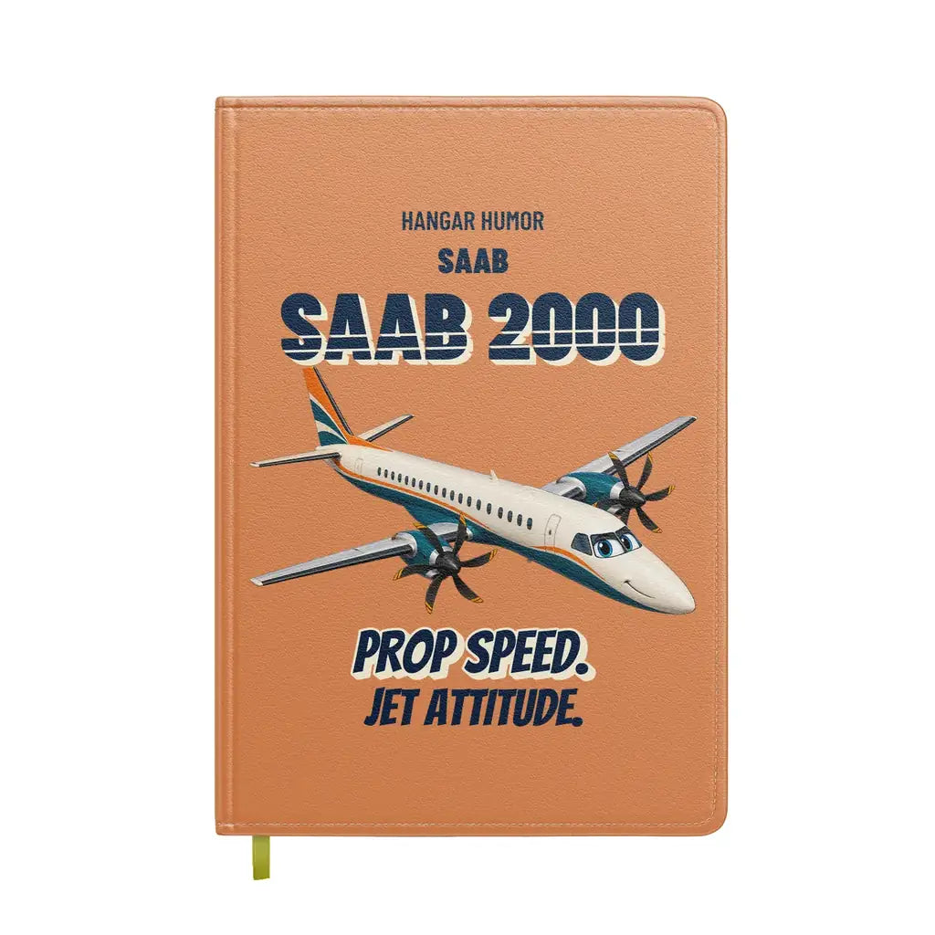 Saab 2000 - Prop speed. Jet attitude. design on orange notebook