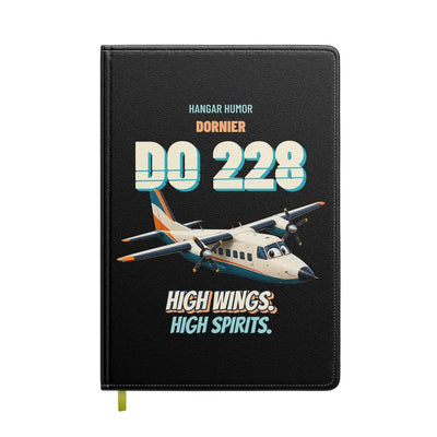 Dornier 228-212 - High wings. High spirits. design on black notebook