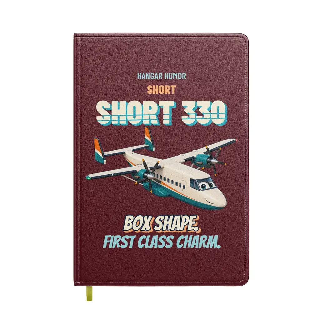 Short 330 - Box shape. First class charm. design on dark red notebook