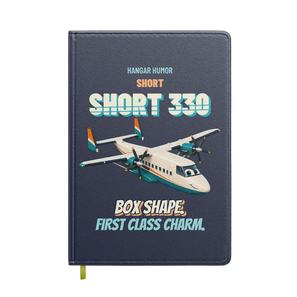 Short 330 - Box shape. First class charm. design on navy blue notebook