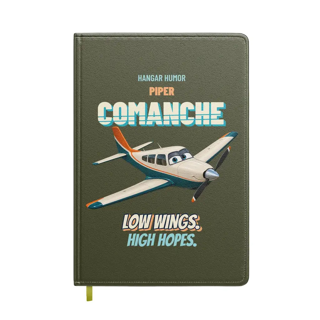 Piper PA-24-250 Comanche - Low wings. High hopes. design on green army notebook