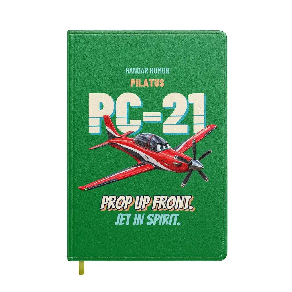 Pilatus PC-21 - Prop up front. Jet in spirit. design on green notebook