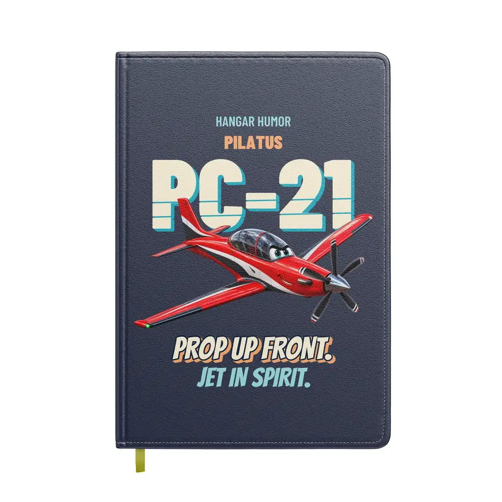 Pilatus PC-21 - Prop up front. Jet in spirit. design on navy blue notebook