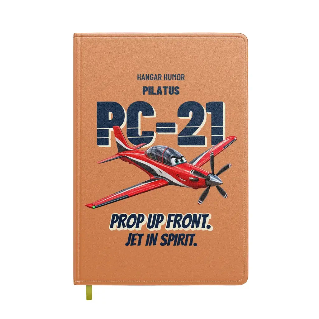 Pilatus PC-21 - Prop up front. Jet in spirit. design on orange notebook