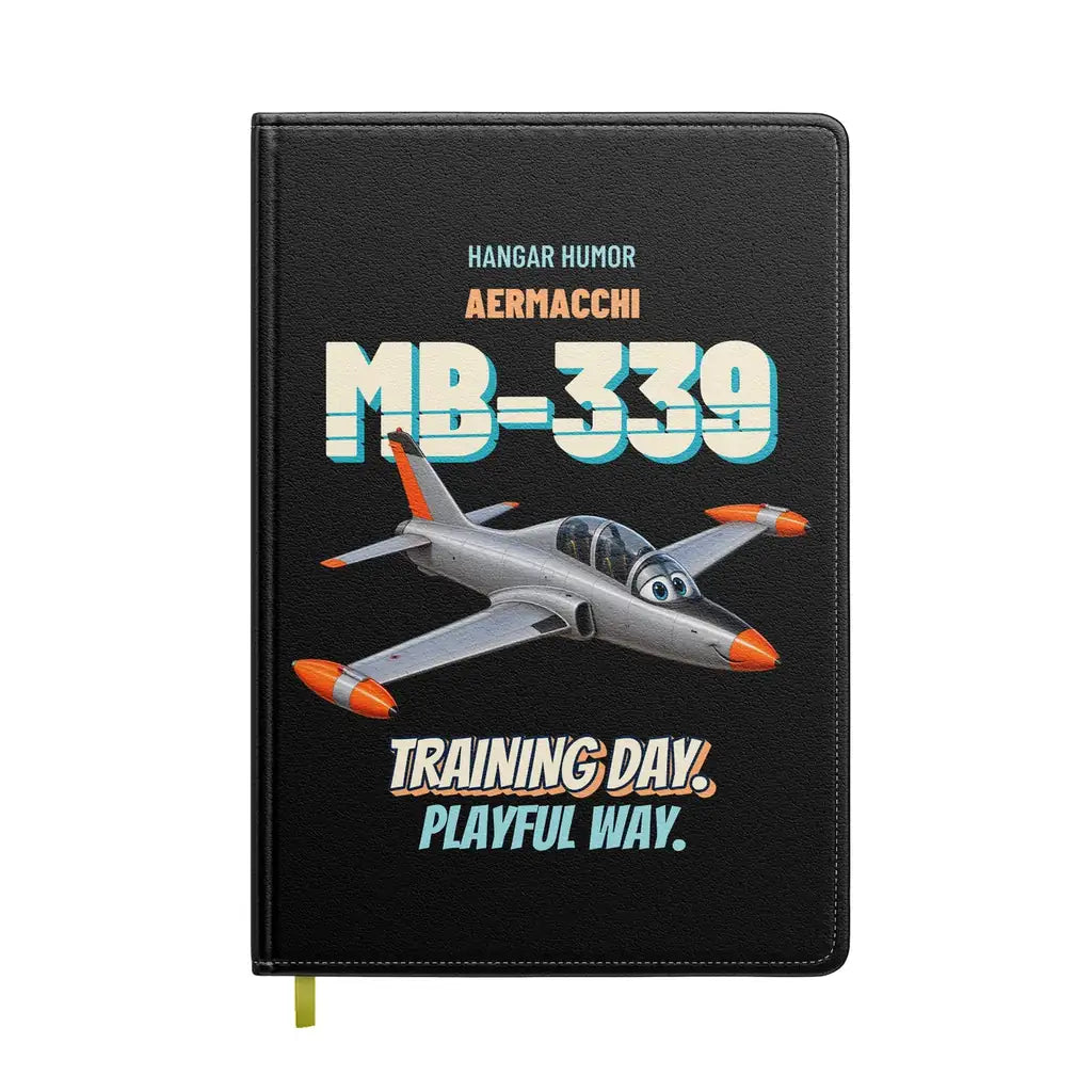 Aermacchi MB-339A - Training day. Playful way. design on black notebook