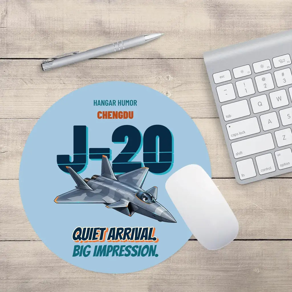 Chengdu J-20 - Quiet arrival. Big impression. design on light blue round mouse pad