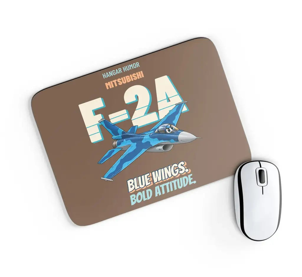Mitsubishi F-2A - Blue wings. Bold attitude. design on brown rectangle mouse pad