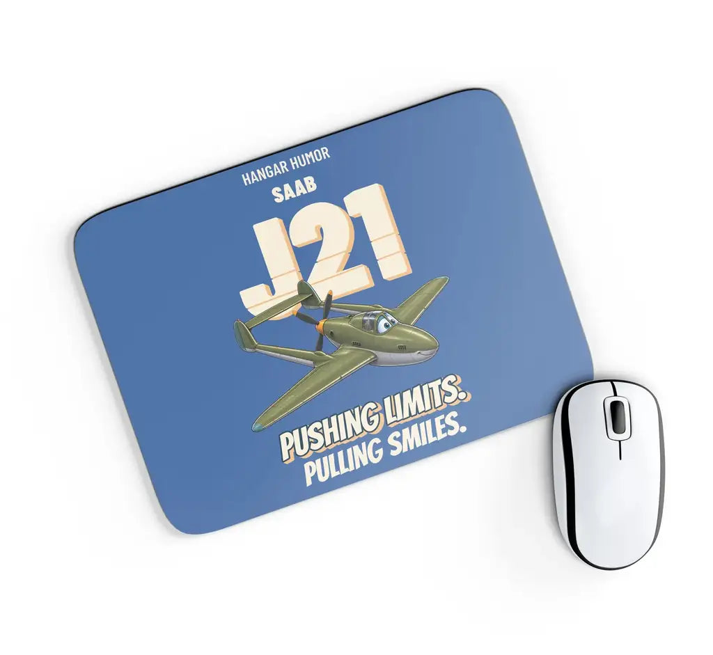 Saab J 21A - Pushing limits. Pulling smiles. design on blue rectangle mouse pad