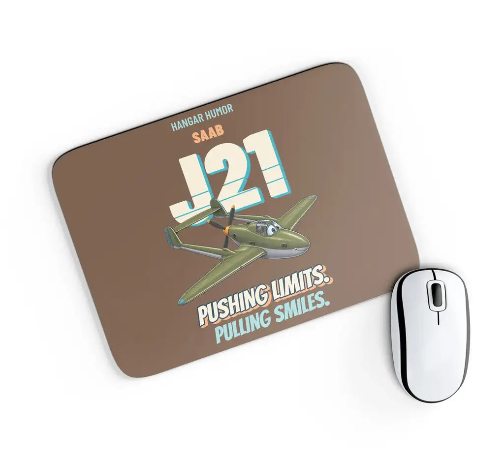 Saab J 21A - Pushing limits. Pulling smiles. design on brown rectangle mouse pad