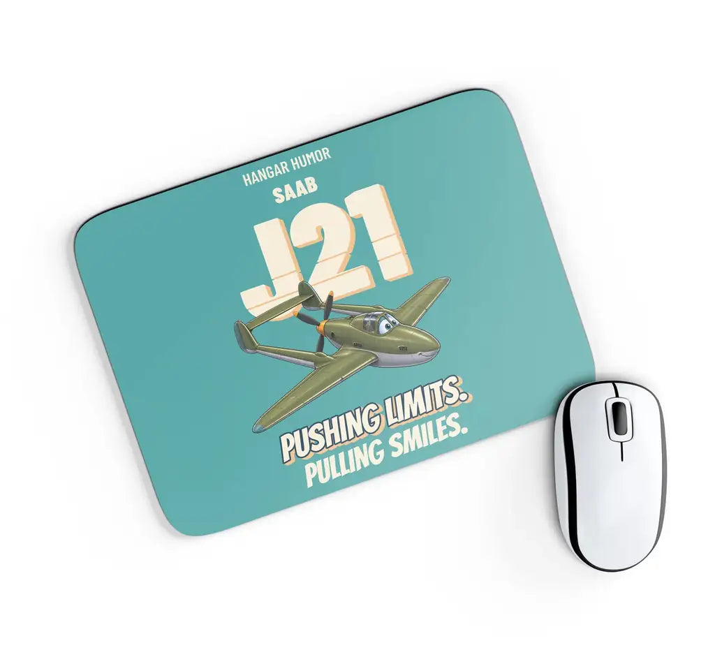 Saab J 21A - Pushing limits. Pulling smiles. design on turquoise rectangle mouse pad
