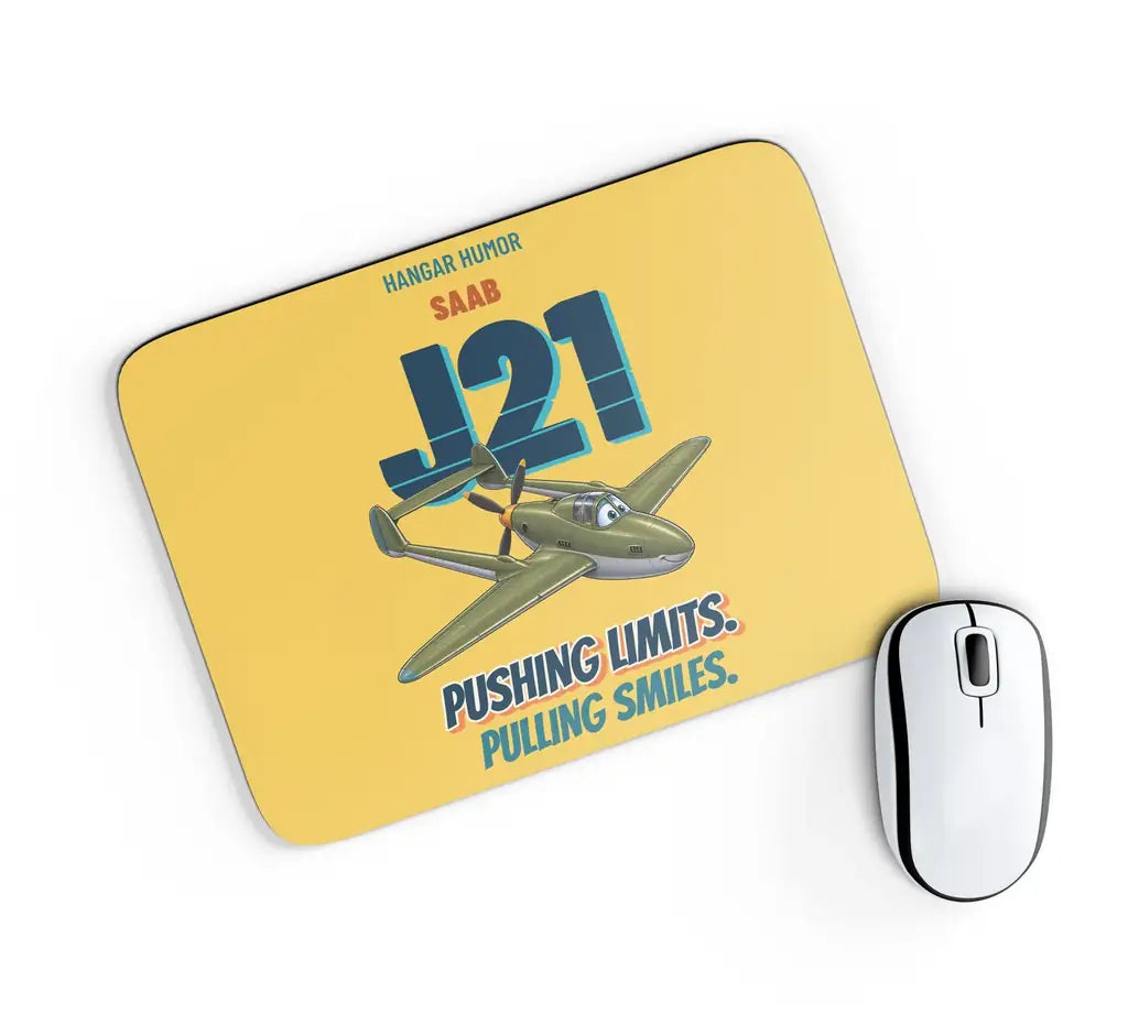 Saab J 21A - Pushing limits. Pulling smiles. design on yellow rectangle mouse pad